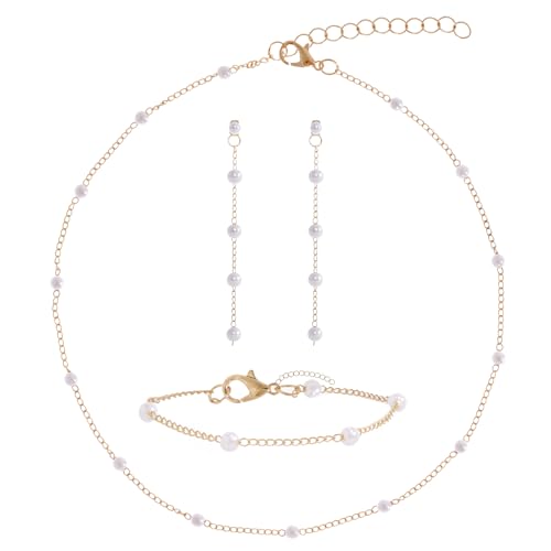 Gold Jewelry Set for Women Dainty 14K Gold Plated Pearl Choker Necklace Drop Earrings Bracelet Wedding Bride Graduation Gift