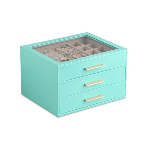 Frebeauty Jewelry Box for Women,Clear Lid Jewelry Organizer with 3 Drawers - color: Turquoise, size: 3 Drawer
