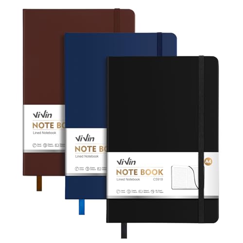 ViVin 3 Pack A4 Hardcover Lined Notebook,8.5x11 192 pg College Ruled - color: Black+Navy+Brown, size: A4