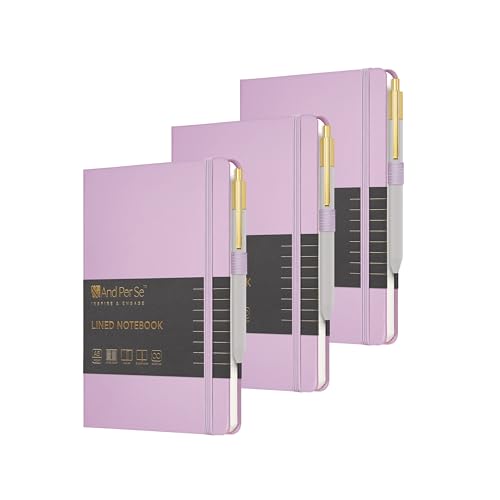 &And Per Se Lined Journal and Pen Set (3 Packs), A5 Leather Hardcover Notebook with Pen & Stationary Set, 160 Pages 100GSM Thick Ruled Paper Journal for Business Work Writing (Purple) - color: Purple