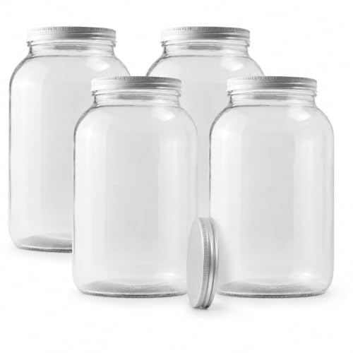 1 Gallon Glass Jar with Lid | 4-Pack Wide Mouth Set with 5 Metal Caps - size: 4 Pack