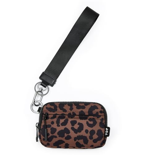 Wristlet Wallet for Women with Clear ID Window, Zip Coin Purse and Keychain - color: Brown Leopard Print
