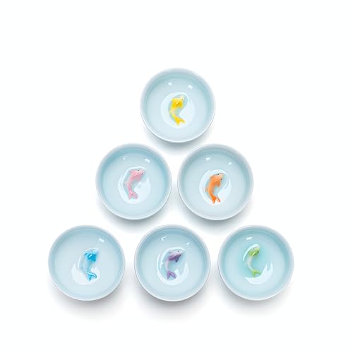 Yixing Handmade Celadon Colorful Koi Fish Teacup(Set of 6),Chinese Gongfu Tea Cup,Japanese Teacup, Korean Soju Shot Glasses Set (Koi Cups)