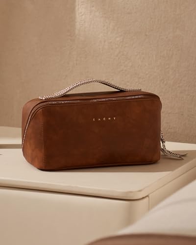 EACHY Travel Makeup Bag for Women, PU Leather Cosmetic Bag, Brown, Medium - color: C - Brown, size: Medium
