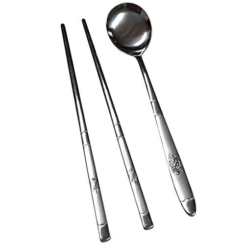 GARASANI Korean Traditional Cutlery Stainless Steel Spoons and Chopsticks Set (Silver Turtle) - color: Silver Turtle