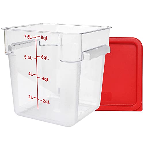Tiger Chef 4 Pack Food Storage Container with Red Lid Commercial Grade in 8.0 Qt - Square, Clear, Polycarbonate - style: 8 Quart