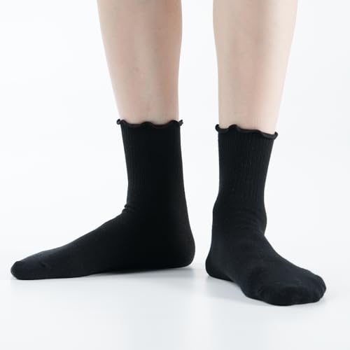 Womens Cotton Crew & Ankle Socks, Cute Floral Ruffle Colorful Tube Size 6-9 - color: Ruffle a - Black(4)