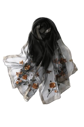 Jeelow Long Silk Blend Embroidered Floral Shawl Scarf Wrap for Women - color: Night