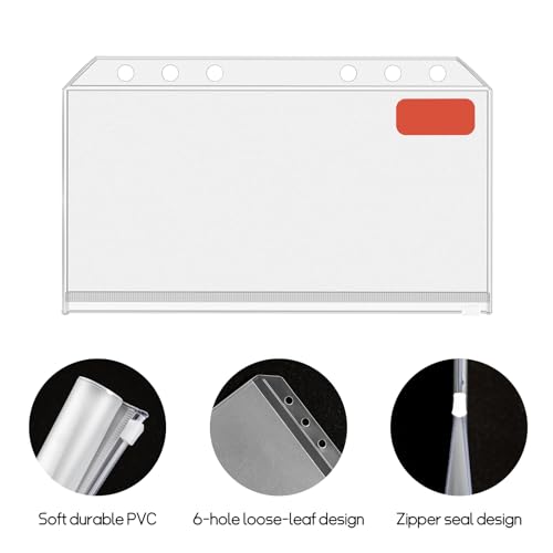 16 Pcs A6 Zippered Binder Envelope Pouches for 6-Ring Budget Cash System, Clear Inserts for Money Saving and Budgeting, With 42 Sticky Labels - size: A6