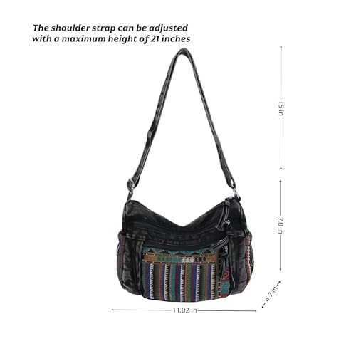 Black Denim Purse Crossbody Bags, Boho Hobo Crossbody Bags for Women, Casual Hippie Travel Purse with Lots of Pockets - color: Black