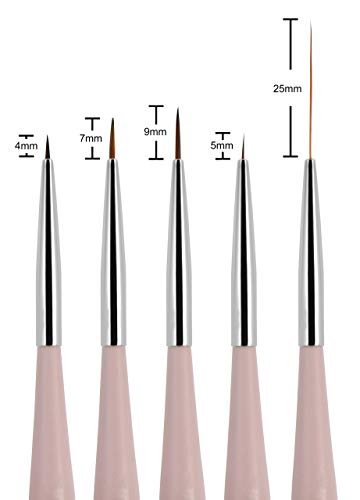 Beaute Galleria 5 Pieces Nail Art Brush Set with Liners (4mm, 7mm, 9mm) Striping Brushes (5mm, 25mm), for Thin Fine Line Drawing, Detail Painting, Striping, Blending, One Stroke (Pack of 2) - size: 5 Piece Set (Pack of 2)