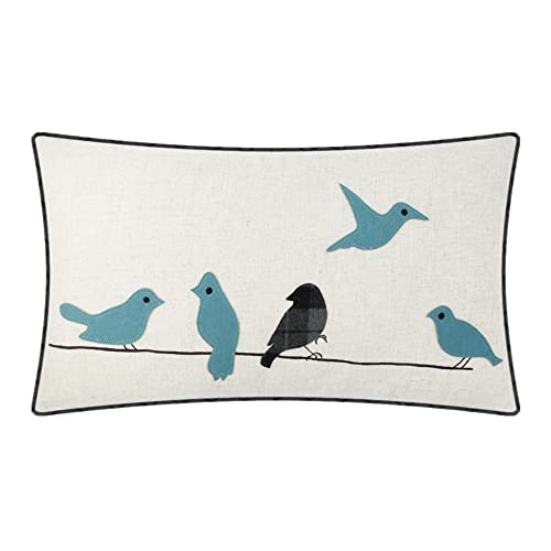 JWH Bird Throw Pillow Cover 14x24 Beige Turquoise Blue Grey - color: Teal Blue & Gray Plaid With Birds