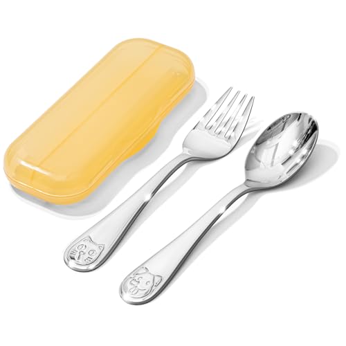 KINGSTONE 2 Pcs Toddler Utensils with Case, Stainless Steel, Cat & Dog - color: Cat & Dog, size: 2-Piece (Small)