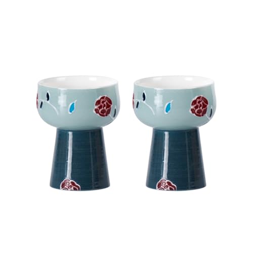 KAMMAK Tea Cup Set of 2 Small Tea Cups 2.1oz Blue Porcelain Tea Cup Set, Asian Ceramic Teacups for Home, Party, Office, Chinese Kung Fu Tea Set for Hot/Cold Drink (Mingji Mountain) - style: 706N High Foot Blue