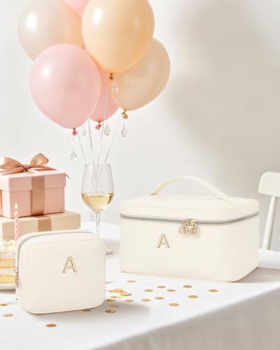 Custom Initial Cosmetic Bag 2‑Piece Set for Women Teen Girls, Beige E - size: E