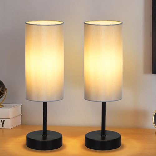 RISLG 2 Pack Small Table Lamps for Bedroom, Bedside Lamps for Nightstand with Wire Switch, Minimalist Modern Desk Lamps with Linen Fabric Shade for Kids Room Living Room Office Dorm, Bulb Included - color: 2 Pack Gray-Black, size: 13in