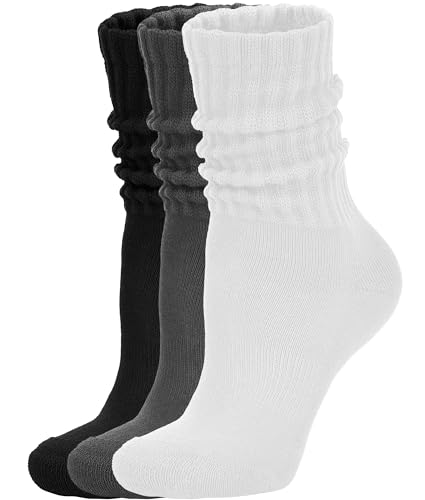 AugRing Women's Scrunch Crew Socks Retro 3-Pack Solid Cotton Boot Calf Chunky Ribbed Cozy Slouchy Socks Size 5-11 - color: White/Black/Dark Grey