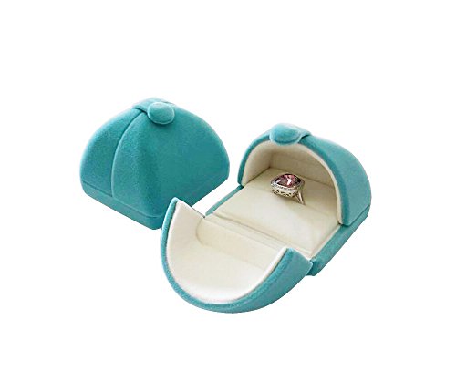 Aqua Teal Velvet Ring Box, Unique Domed Tri-Fold Opening, Proposal Engagement Wedding Ring Presentation Case, Velvet Button Closure, Cream Interior, Premium Gift Box for Diamond Ring - color: Ring Case