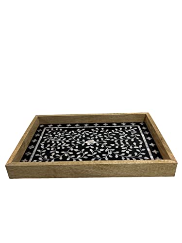 Decorative Wooden Serving Tray with Mother of Pearl Inlay Handcrafted Rectangle Coffee Table Tray Kitchen & Home Décor