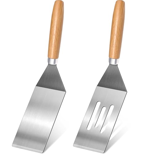 2Pc Stainless Steel Mini Spatula Wooden Handles Cooking Baking Serving - color: 1PC SOLID+1PC SLOTTED