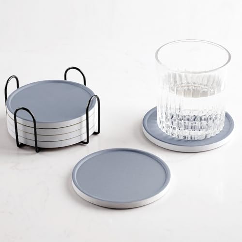 Set of 6 Dusty Blue Coasters with Holder, Absorbent Ceramic Drink Coasters with Cork Backing for Table Protection, Table Decor, Housewarming Gifts - color: Dusty Blue