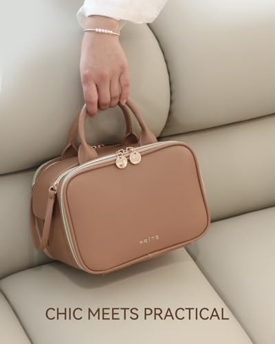 Prite Large Makeup Bag, Waterproof Travel Cosmetic Case with Brush Holder - color: Brown, size: Large