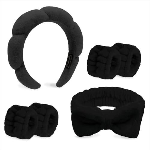 Black Skincare Bubble headband and wristband set for Face Washing - color: Black