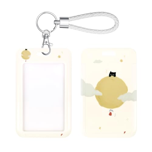 ID Card Badge Holder Key Chain with Metal Keyring, Plastic Slide Open with ID Window for Women Men Girls Students,Moon Cat 2 - color: Moon Cat 2