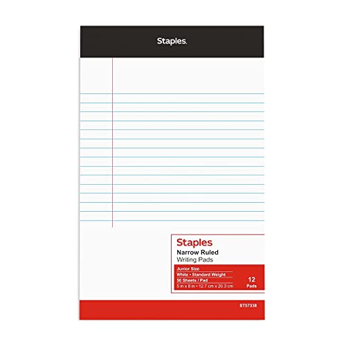 Staples Notepads, 5x8 Inch, Narrow Ruled, White, 12-Pack - style: White