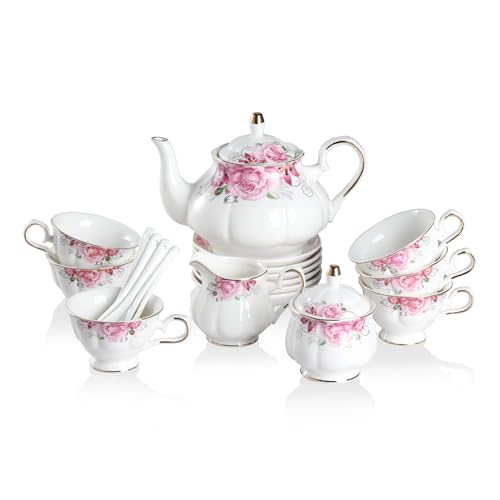 Sweejar Porcelain Tea Set Vintage Floral, British Relief Gold Rim Teapot Cup and Saucer Sets, 22-Piece Tea Sets for Adults, with Teapot, Sugar Bowl, Milk Jug, Spoons, Cup and Saucer (Flower) - color: Flower