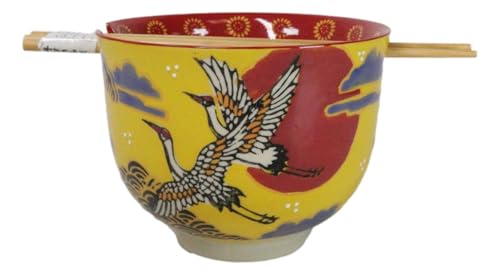 Ebros Gift Artistic Donburi Ramen Udon Noodles Soup Salad 5" D 18Oz Bowl With Bamboo Chopsticks And Built In Rest Set Asian Dining Kitchen Accent (Pair Of Japanese Cranes With Red Moon) - color: Pair Of Japanese Cranes With Red Moon