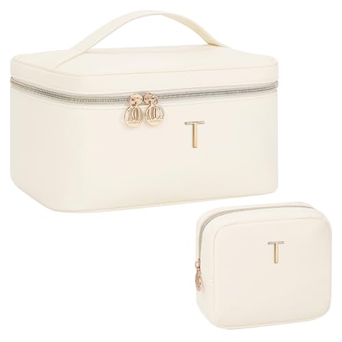 Custom Initial Cosmetic Bag 2‑Piece Set for Women Teen Girls, Beige T - size: T