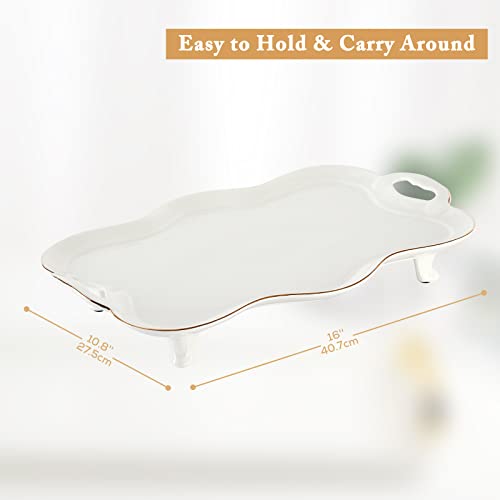 DUJUST Porcelain Serving Tray with Handles, Luxury British Style Coffee Table Tray with Golden Rim, Beautiful Tea Tray Decor for Living Room, Easy to Use & Clean - color: Golden Rim