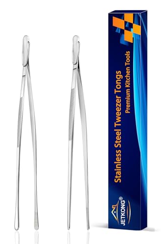JETKONG 2 Pcs 9-Inch Kitchen Tweezers Cooking Tweezers Stainless Steel Tweezers Tongs (Silver) - color: Silver, size: 9+9 Inch