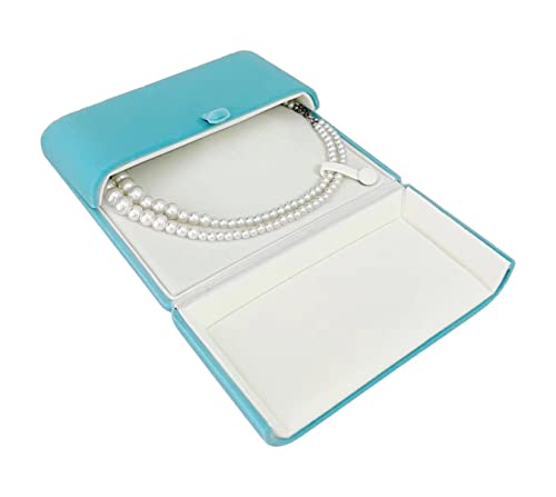 Aqua Teal Velvet Jewelry Box for Large Necklace Luxury Pearl Strand Presentation Case, Tri-Panel Flat Open Design, Button Clip Closure, Cream Velvet Interior, Gift Box for Wedding Birthday - color: Large Necklace Pearl Case
