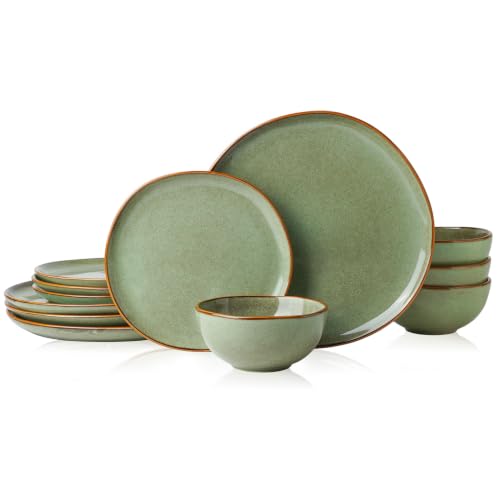 Stoneware Dinnerware Sets for 4, Reactive Glaze Plates and Bowls, Green - color: Green, size: Service for 4-12Pcs