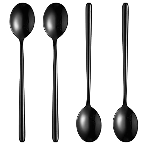 Steel Black Soup Spoon, Long handled Great Circle Spoons,Korean Long Handle Soup Spoon,4 Pieces,8.7x1.6 Inches - size: Black 8.7x1.6 inches