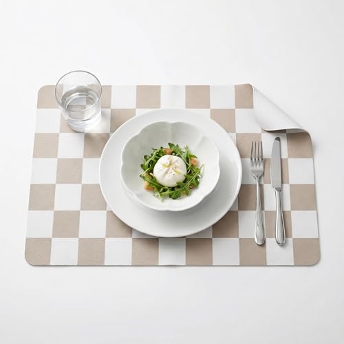Set of 6 Checkerboard Non-Slip Washable Placemats for Dining Table - color: Beige
