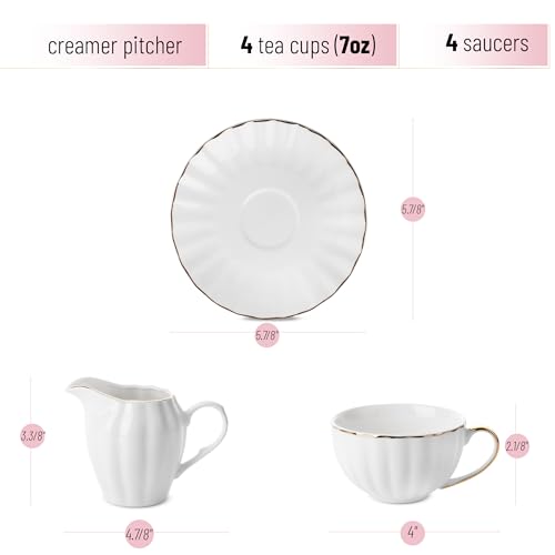 BTaT- Classic tea set, 13 pcs, Tea Cups (7oz), Tea Pot with Stainless Steel Infuser (32oz), Creamer and Sugar Set, Porcelain Tea Set, White Tea Set, Tea Pot Sets with Cups
