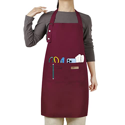 Hongsome Adjustable Button Apron for Women Men Artist Painting Pottery Garden Cooking Kitchen Chef 3 Pockets Waterproof M-XXL - color: Red