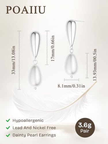 Pearl Earrings for Women,14K Gold/Silver Plated Dangle Drop Earrings - color: silvery white