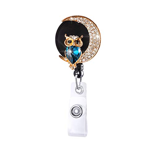 Crystal Badge Reel Retractable ID Holder with Cute Owl Moon Bling Design - color: Owl Moon