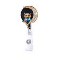 Crystal Badge Reel Retractable ID Holder with Cute Owl Moon Bling Design - color: Owl Moon