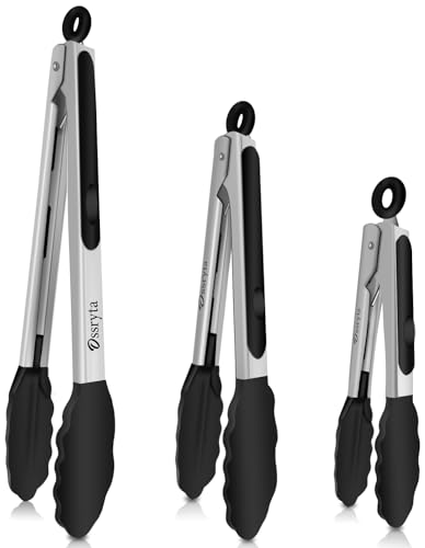 Kitchen Tongs with Silicone Tips - Heat Resistant 600°F Stainless Steel Cooking Tong Set, Non-Stick 7" 9" 12" Locking Silicone Tongs for Cooking, Grilling, Serving & Baking (3-Piece, Black) - color: Black 3 Pieces, size: 7+9+12 inch