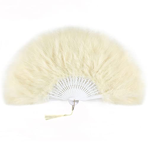 BABEYOND 1920s Marabou Feather Folding Hand Fan - color: Champagne