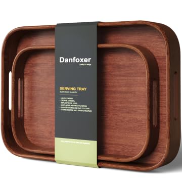 Bamboo Set of 2 Rounded Corners Serving Trays with Handles(Brown) - color: Brown