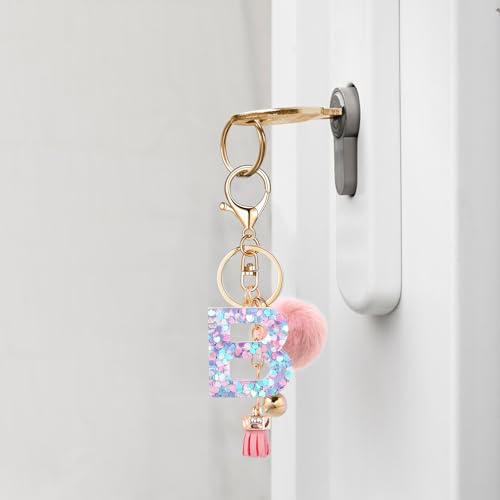 Resin Alphabet Initial Letter Keychain Keyring for Women Purse Handbags With Fur Ball Pom - color: Pink Fur Ball Letter B