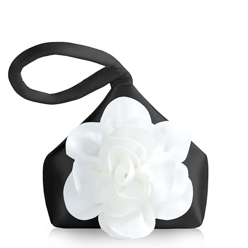 BABEYOND Women's Flower Satin Evening Bags Triangle Clutch Purses - color: Black With White Flower