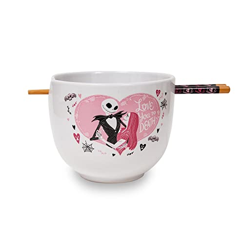 Disney The Nightmare Before Christmas Jack and Sally "Love You to Death" Japanese Ceramic Dinnerware Set | Includes 20-Ounce Ramen Noodle Bowl and Wooden Chopsticks - color: Jack and Sally Love