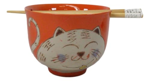 Ebros Gift Artistic Donburi Ramen Udon Noodles Soup Salad 5" D 18Oz Bowl With Bamboo Chopsticks And Built In Rest Set Asian Dining Kitchen Accent (Orange Chubby Kitty Cat) - color: Orange Chubby Kitty Cat